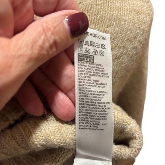 Top Shop Cropped Sweater Oatmeal Beige Contrast Mohair/Wool Trim V-Neck Woman 2‎ - Picture 6 of 7